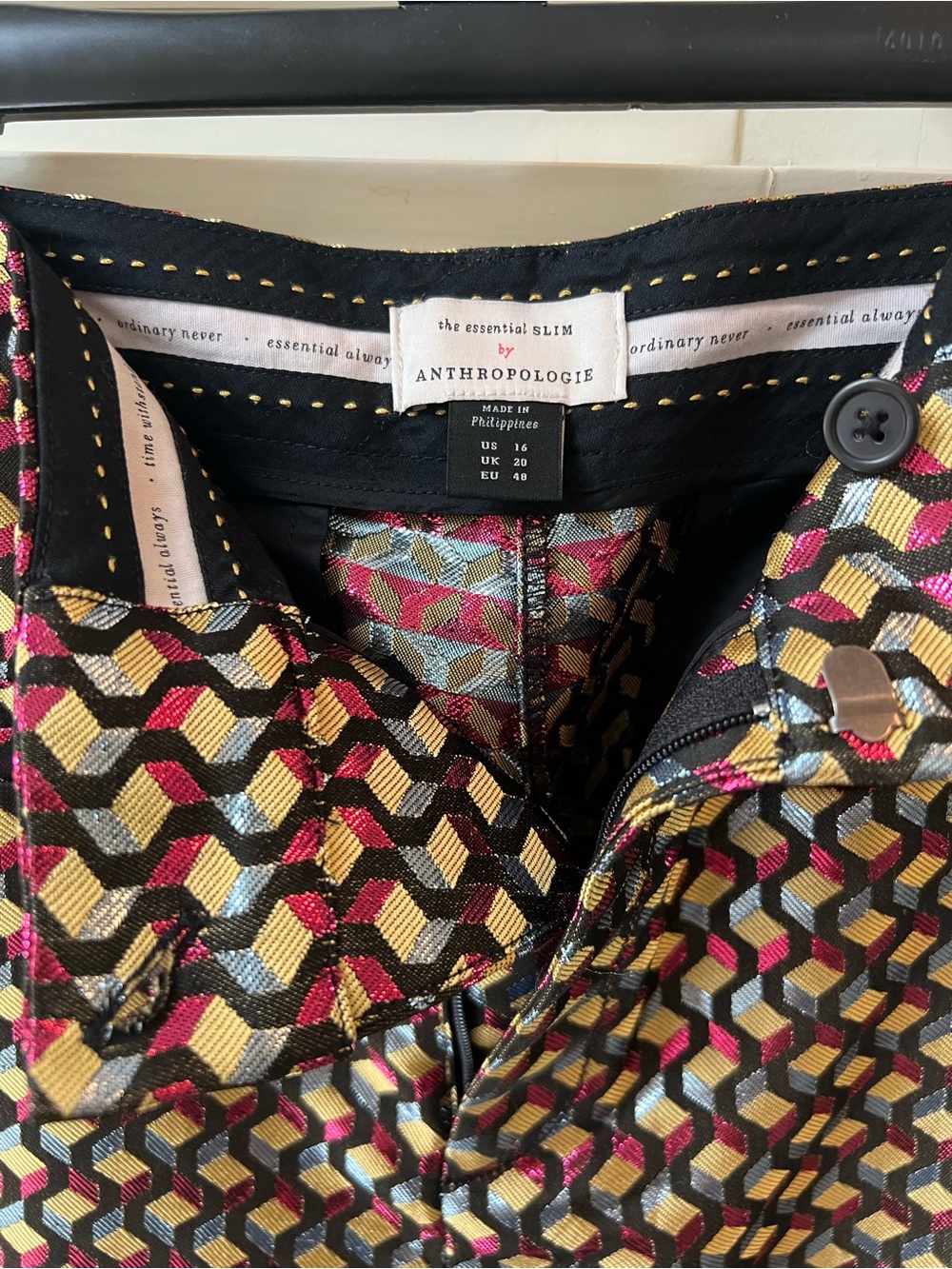 Anthropologie Geometric Metallic Jacquard Trousers in Black, Gold, Pink, Blue